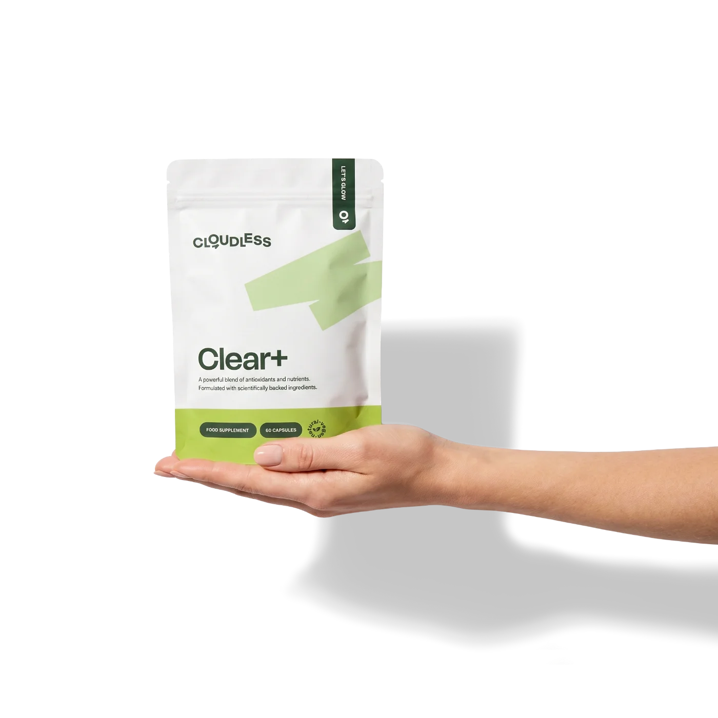 Hand holding a Clear+ pouch